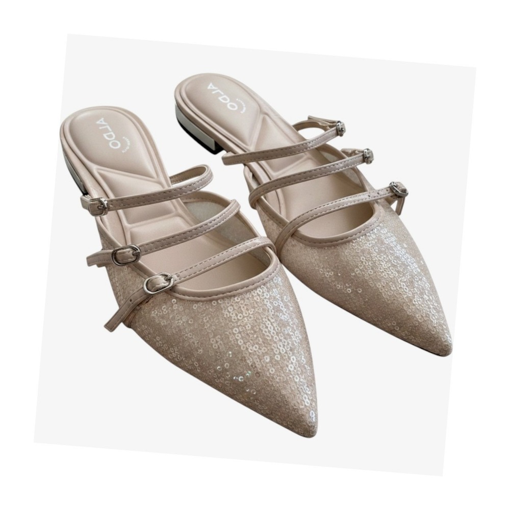 ALDO Sequin Triple Strap Mules Womens 9 Nude Pointed Toe Pillow Walk Flat Shoes